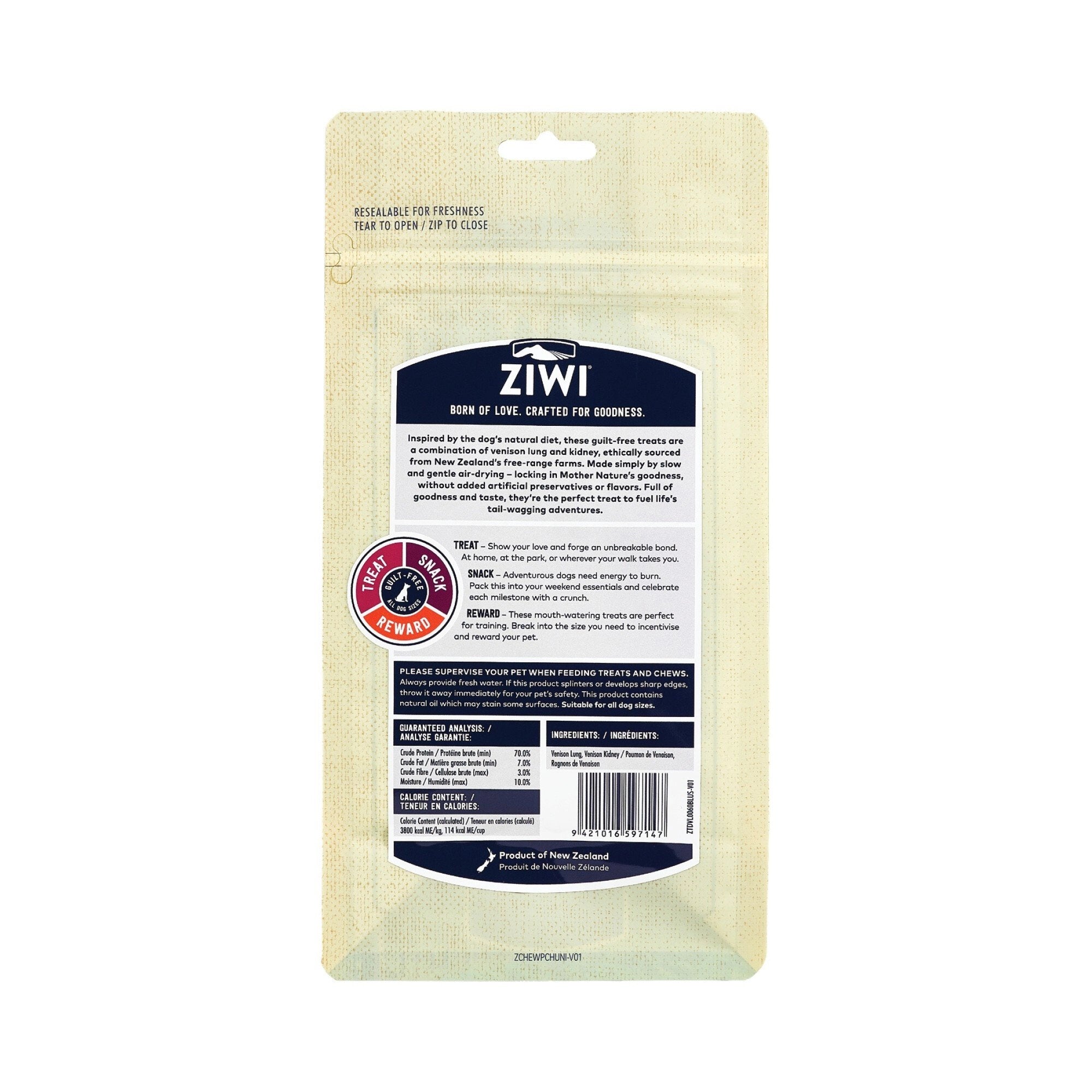 Ziwi Hondensnack Hertenlong & Hertennier 60 gr.